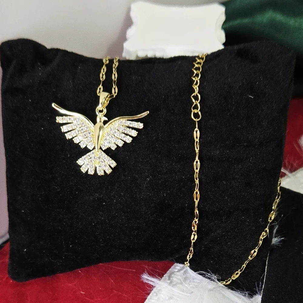 Gold Rhinestone Phoenix Necklace CZ Firebird Pendant Symbolic Energy Bird Gift